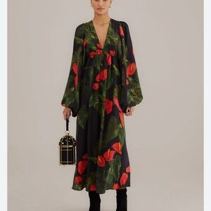 Farm Rio Black Anthurium V Neck Maxi Dress